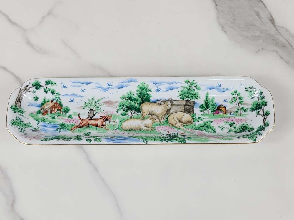 Horchow Style Porcelain Pastoral Serving Tray Countryside 8 3/4" Gold Rim 70s
